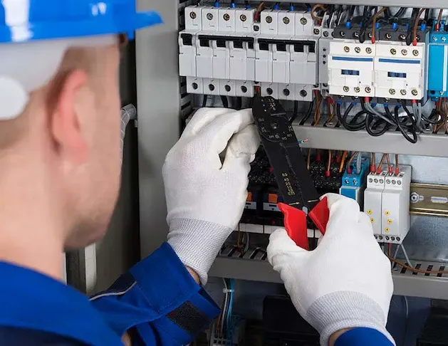 electricista haciendo mantenimiento electrico a una caja de breakers